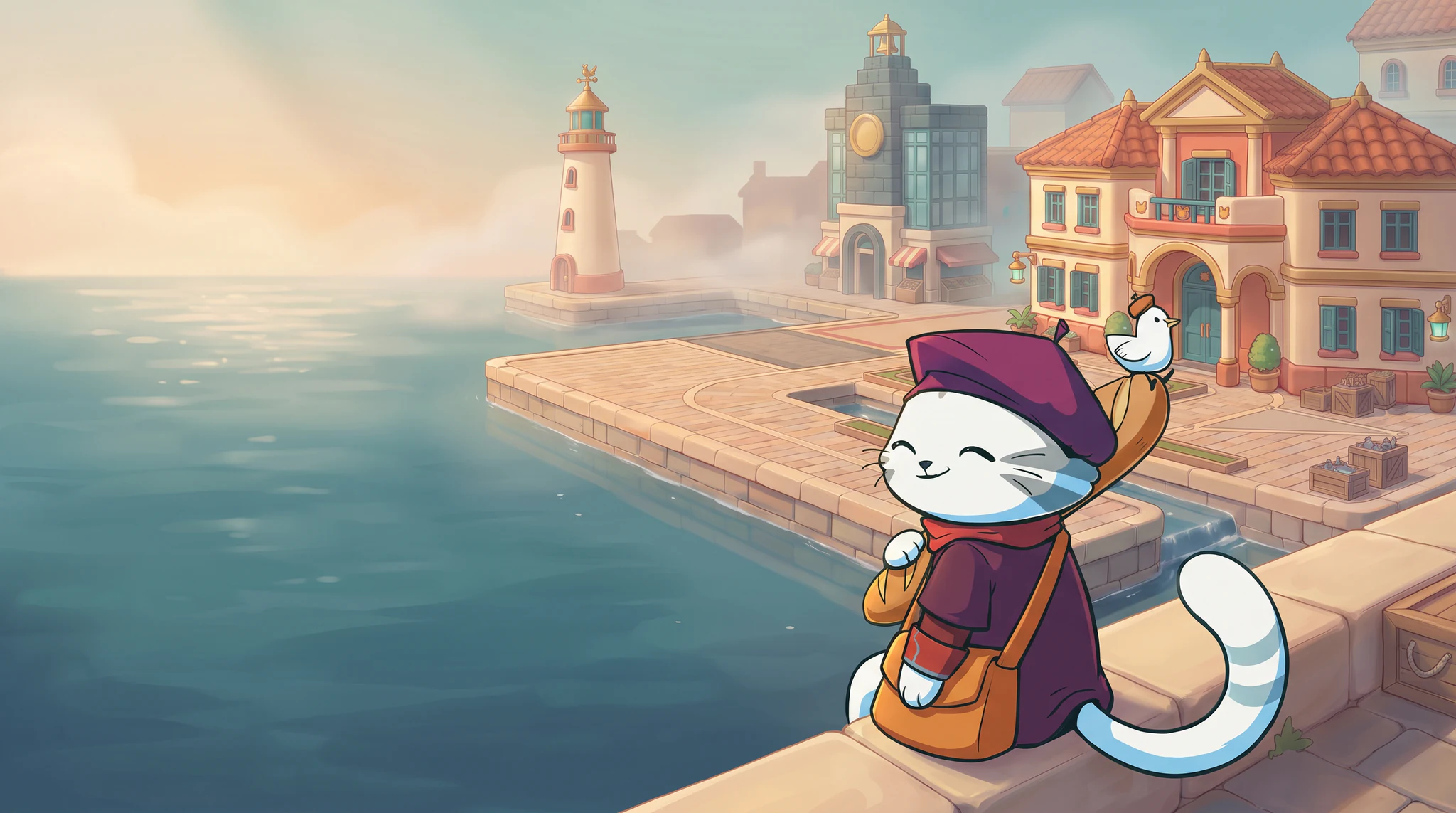 A white traveller cat in a plum beret overlooks the warm PurrPolis harbour with a small bird